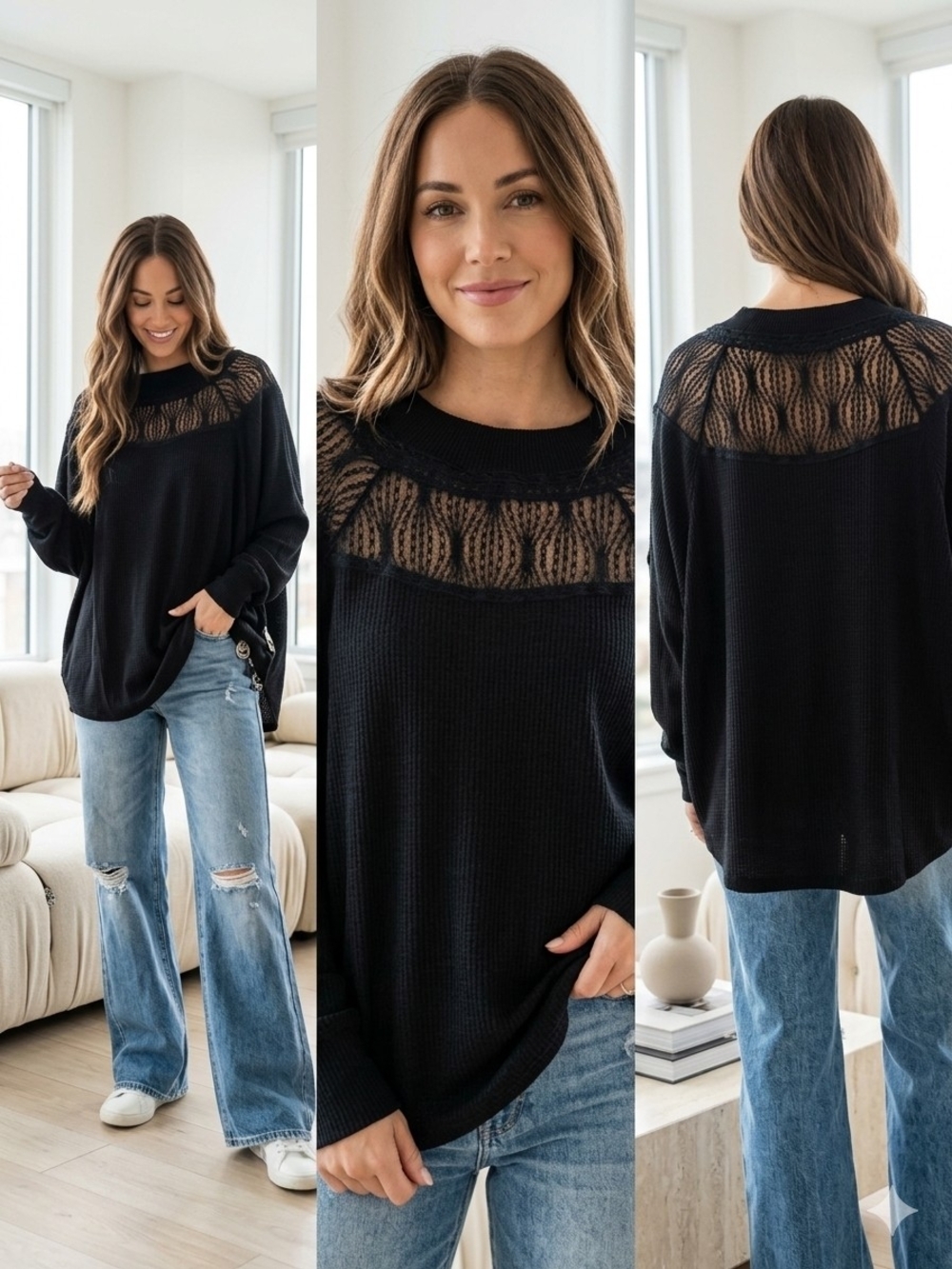 Free People Spring Valley Black Lace Yoke Waffle Thermal Top Size S